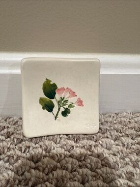 Salt Marsh Pottery Hand-Painted Floral Ceramic Tile - Pink & Green